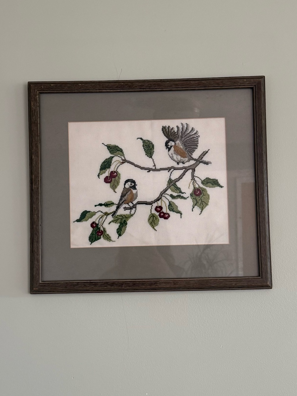 Needlepoint Framed Bird Branch Wall Art - chickadees and choke cherries